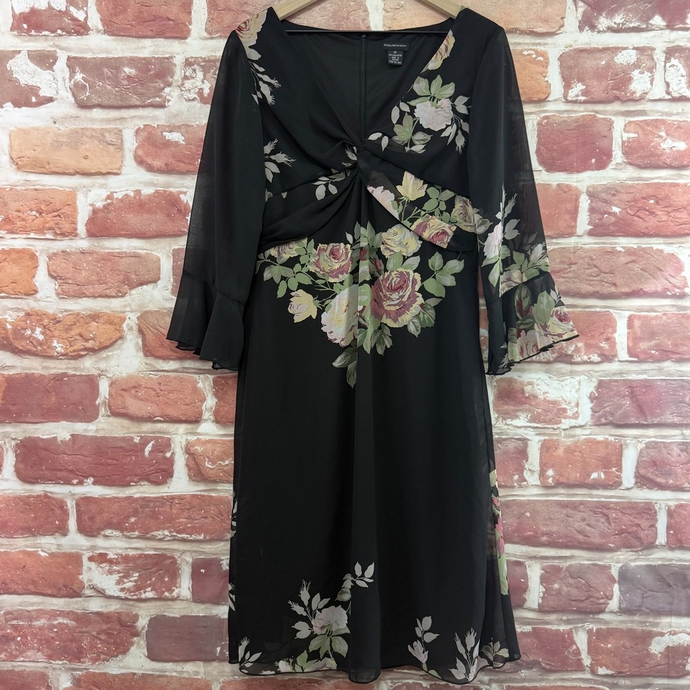 Courtenay Dress Women's 12 Black Multicolor Romantic Feminine Garden Floral Midi